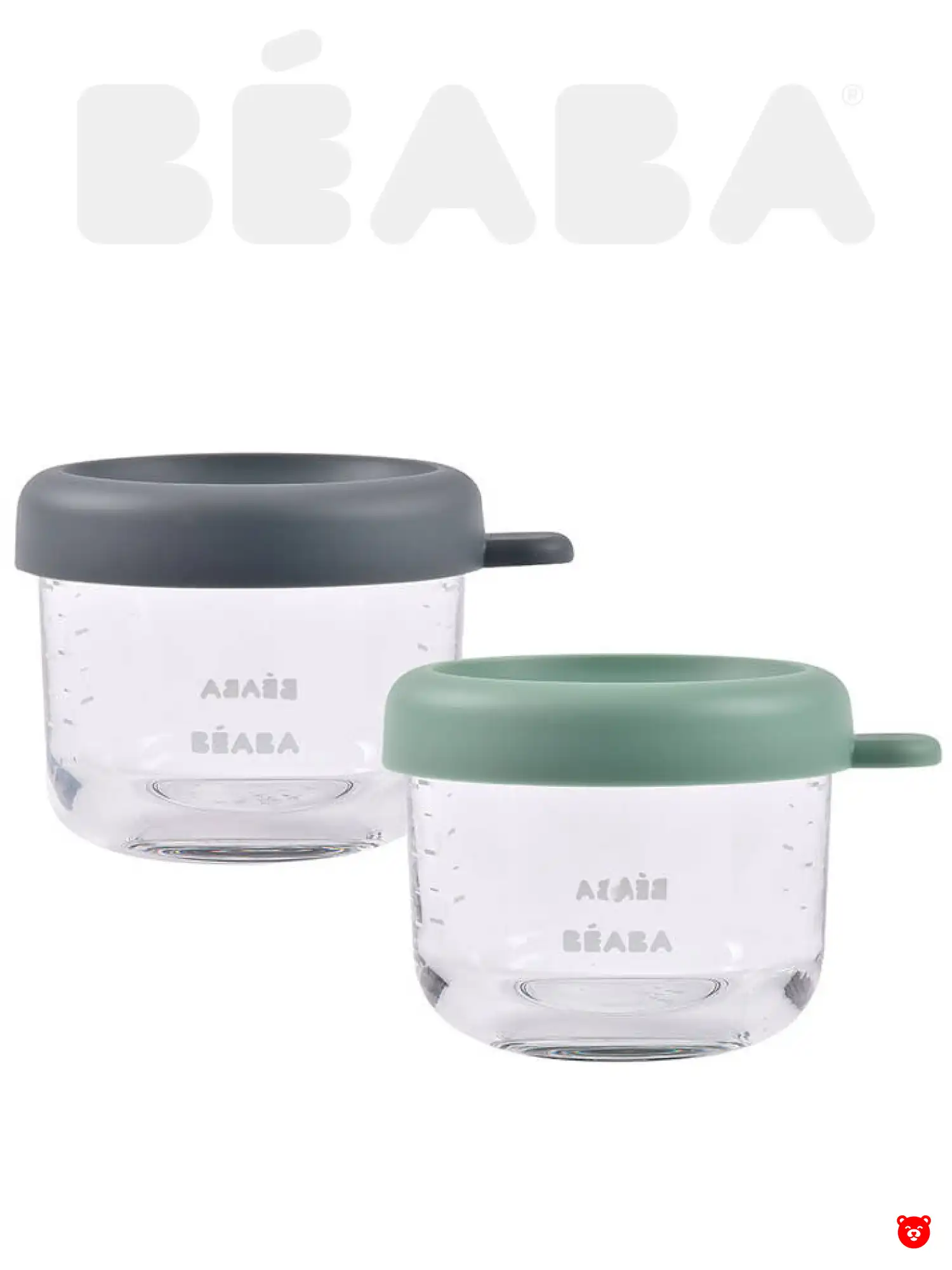 Beaba Набор их двух стеклянных контейнеров с крышкой 150 мл, Mineral Sage Green